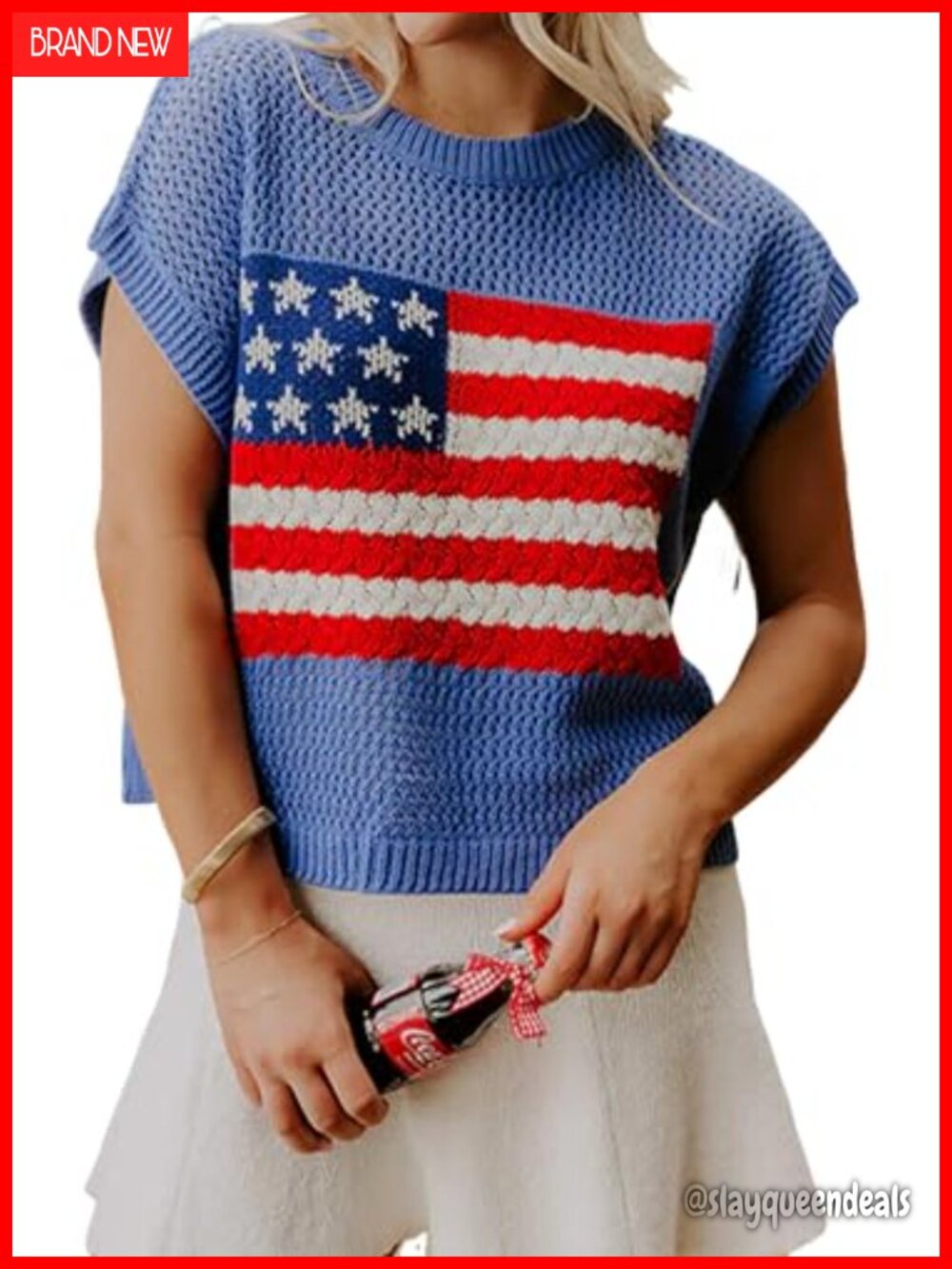 Women's Patriotic Knit Sweater Vest Short Sleeve Loose Fit Summer Top